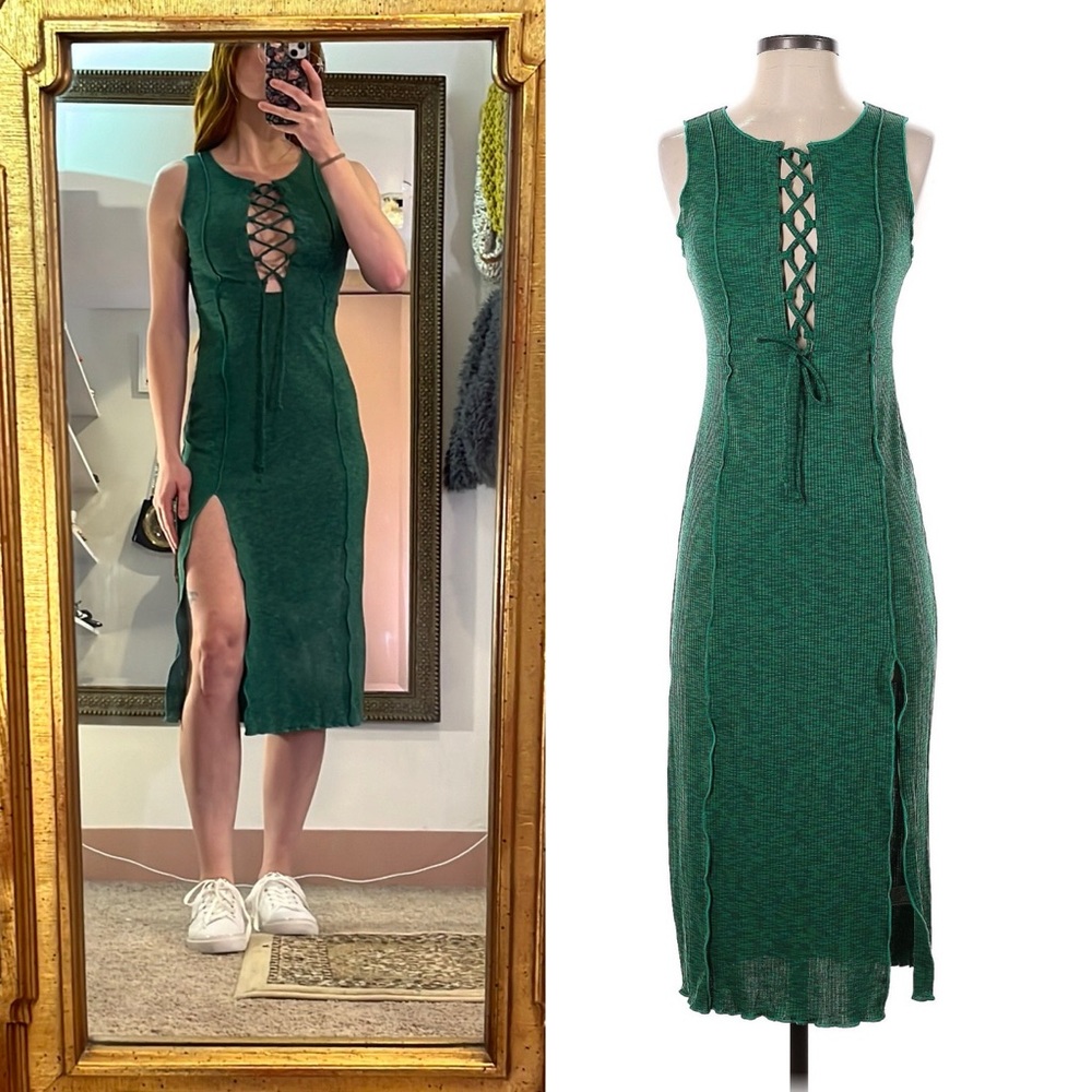 Sleeveless Open Chest Tie Dress - leg slit